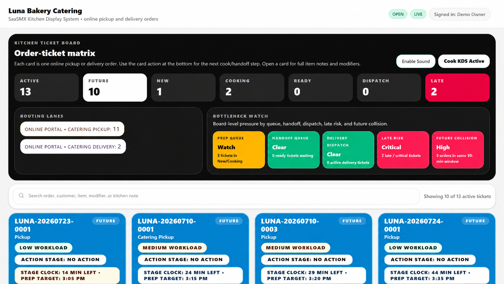SaaSMX Kitchen KDS demo showing kitchen tickets, preparation states, timing, and handoff lanes.