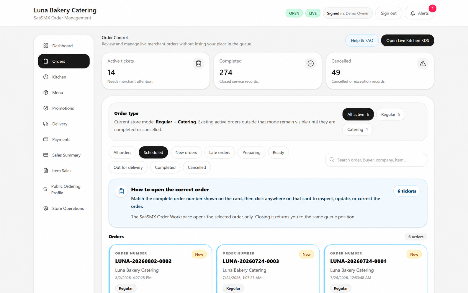 SaaSMX Order Control demo showing order cards with operational status and service context.