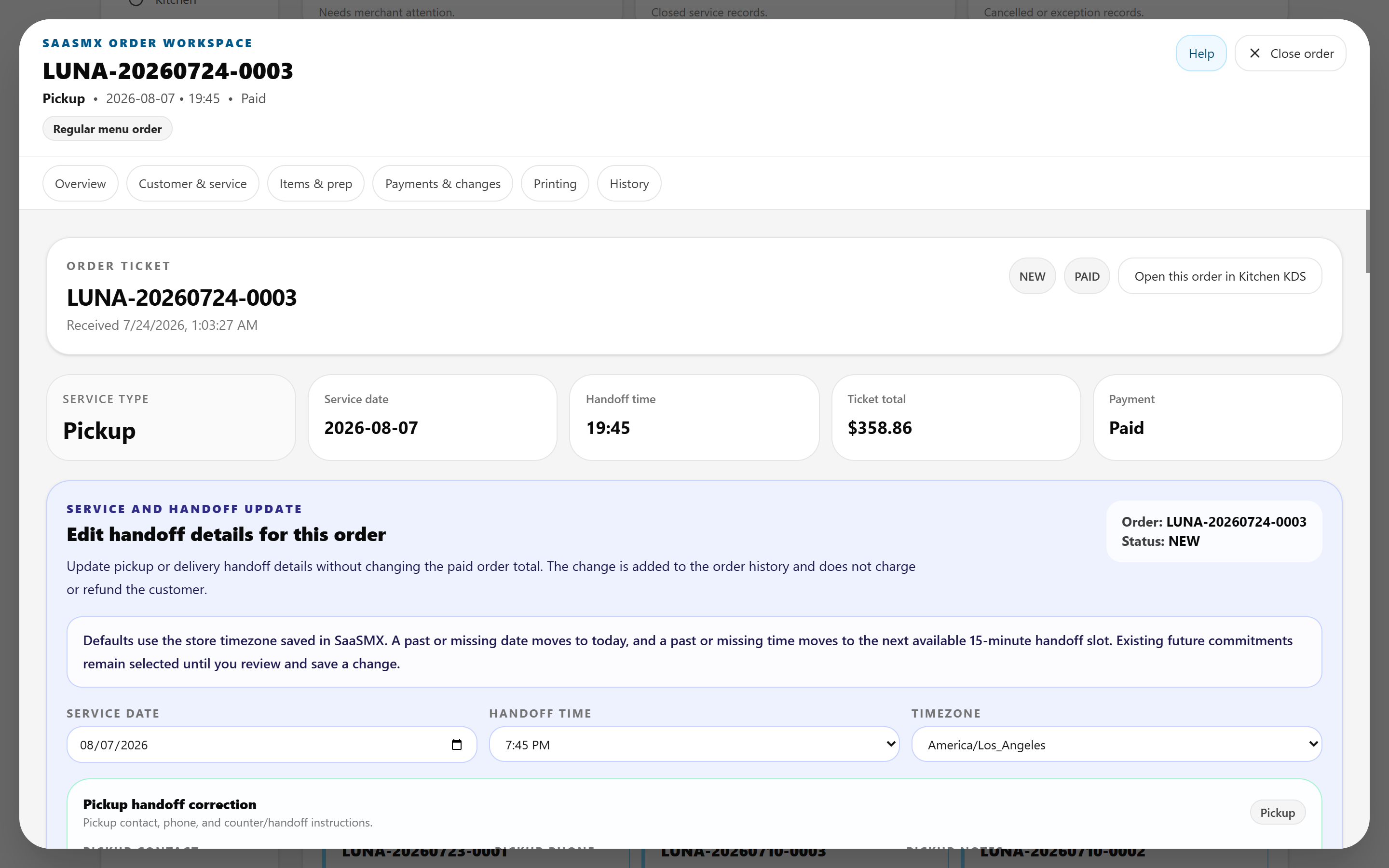 SaaSMX order workspace demo showing order details, operational state, handoff information, and history.