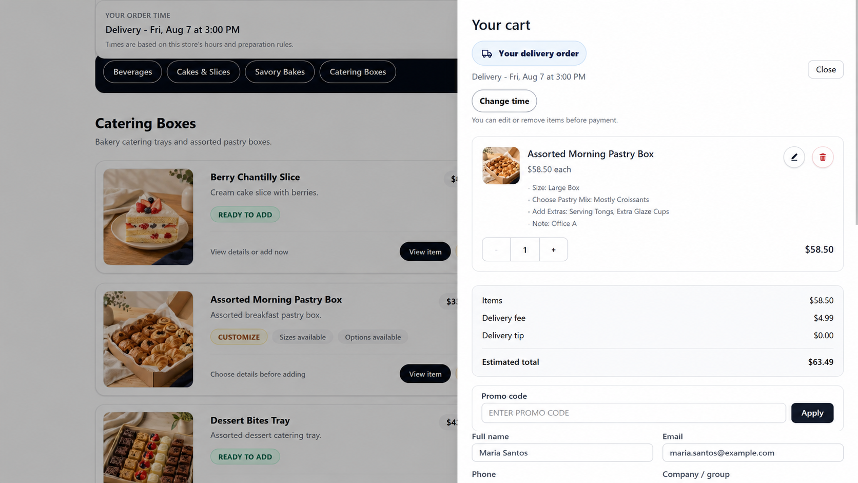 SaaSMX buyer ordering demo showing menu items, item configuration, cart totals, and buyer information.